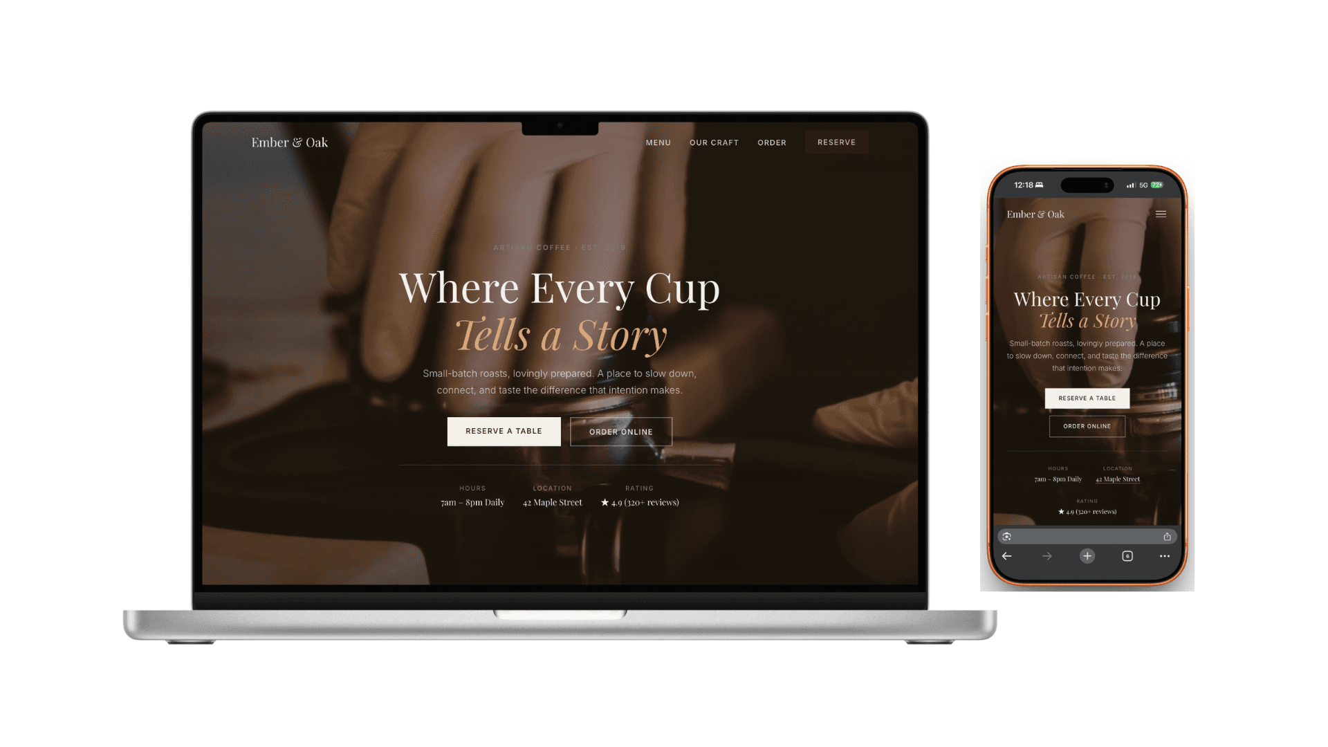 Ember & Oak Cafe Restaurant and Cafe landing page — vnbuildr web development portfolio